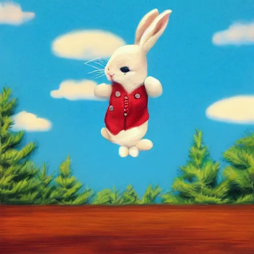 Prompt: bunny wearing boots flying in the clouds