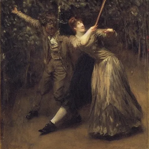 Prompt: young victorian man and woman traversing a dark maze, by alfred stevens