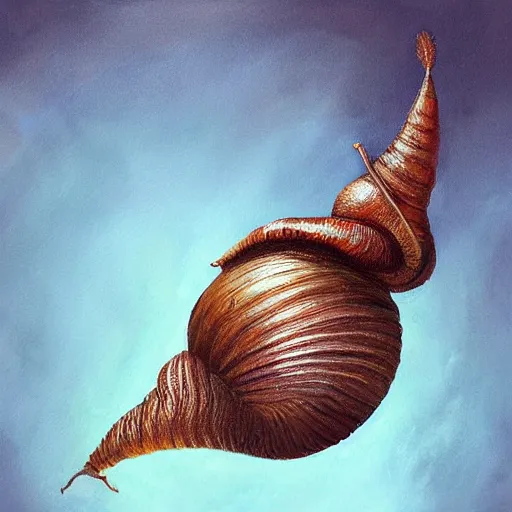 Image similar to snail with wings and feathers, oil painting, artstation, dramatic lighting, symmetry, beautiful