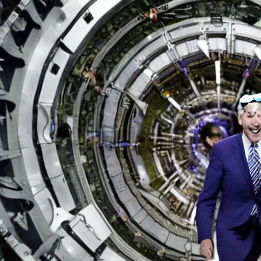 Prompt: Joe BIDEN crawling out of The Large Hadron Collider at cern with a bunch of demons behind him