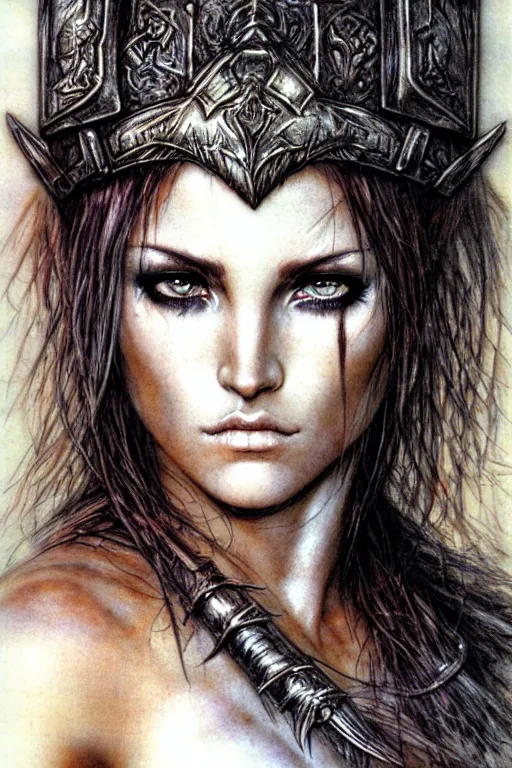 Prompt: head and shoulders portrait of a barbarian, female, high fantasy, d & d, by luis royo, face details, extremely detailed