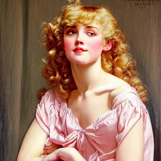 Image similar to beautiful portrait painting of the androgynous pale blond princess Lucius with long curly blond hair, delicate young man wearing a wispy pink silk dress smiling sleepily at the viewer, symmetrically parted curtain bangs, in love by J.C Leyendecker and Norman Rockwell