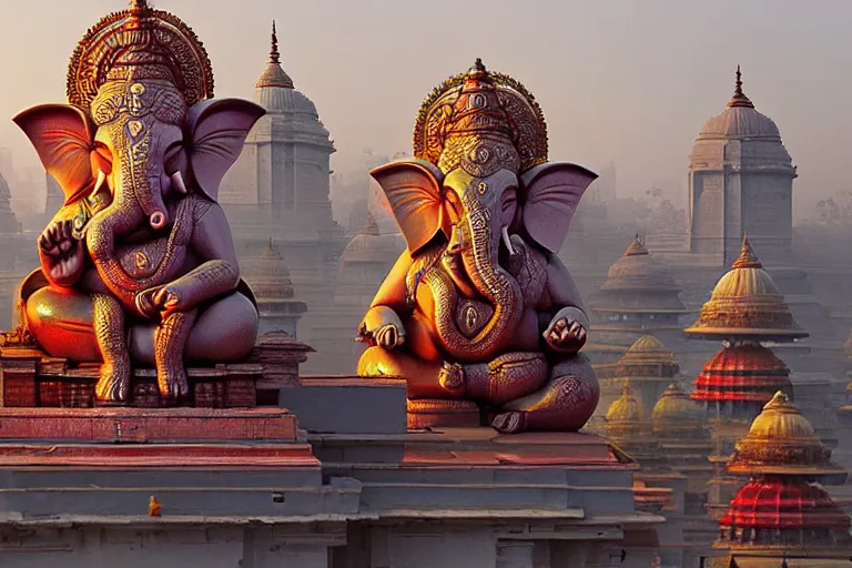 Image similar to beautiful futuristic new delhi, sharp sci - fi ganesha!! building, kalighat flowers, highly detailed cinematic, stephen shore & john j. park, soft morning light, wide shot, high angle, uhd 8 k, shallow depth of field