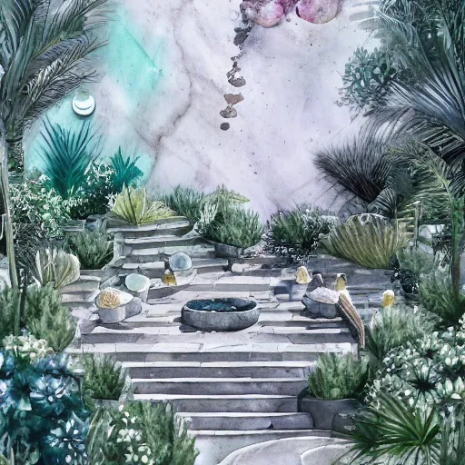 Image similar to delicate marble garden on jupiter's moon, beach volleyball babes, botanic watercolors, iridescent, 8 k wide angle, realistic shaded, fine details, artstation, italian, colonnade, oak tree, hydrangea, gardena architecture, party atmosphere