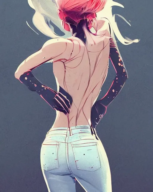 Image similar to a ultradetailed beautiful back painting of a stylish woman with white hair in a short pony tail, she is wearing jeans, by conrad roset, greg rutkowski and makoto shinkai trending on artstation