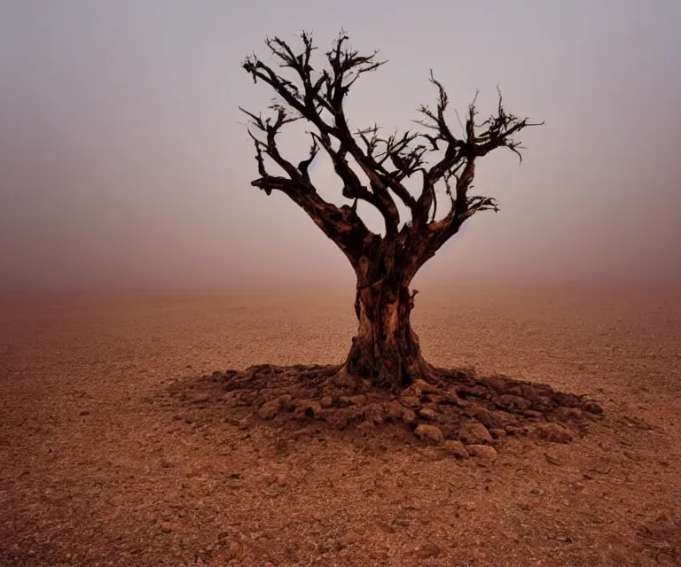 Image similar to an isolated ancient tree in the middle of a barren dessert, bleak, sandy, foggy, sunrise, dreary