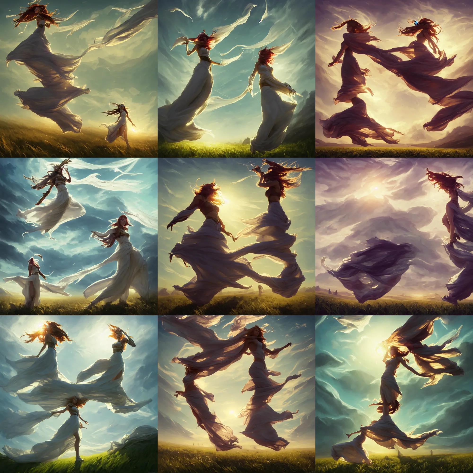 Image similar to league of legends and warframe art, single levitating girl in white maxi dresses between clouds above green fields in sunset light, big long cloth on the wind, close up portrait, elegant, intricate, digital painting, artstation, concept art, golden hour, epic composition, smooth, sharp focus, illustration, art by ed mell and Daniel F. Gerhartz and Jacek Malczewski and gustav klimt, Tibor Nagy