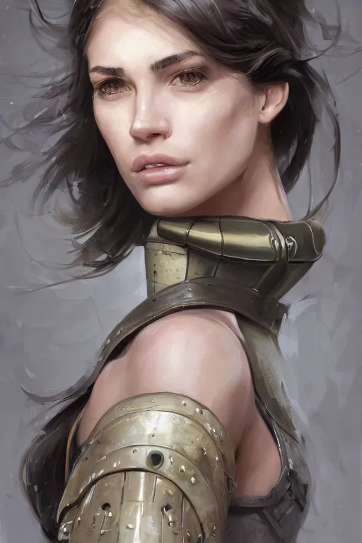 Image similar to a professionally painted portrait of an attractive young woman, clothed in military armor, olive skin, long dark hair, beautiful bone structure, symmetrical facial features, intricate, elegant, digital painting, trending on Artstation, concept art, smooth, sharp focus, illustration, from Metal Gear by Ruan Jia and Mandy Jurgens and Artgerm and William-Adolphe Bouguerea, award winning