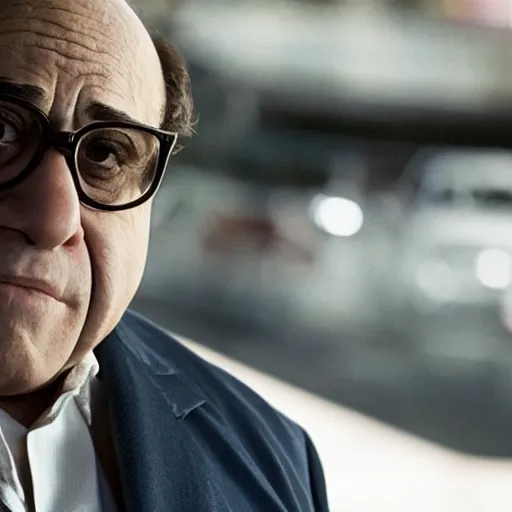 Prompt: close - up of danny devito as a detective in a movie directed by christopher nolan, movie still frame, promotional image, imax 7 0 mm footage