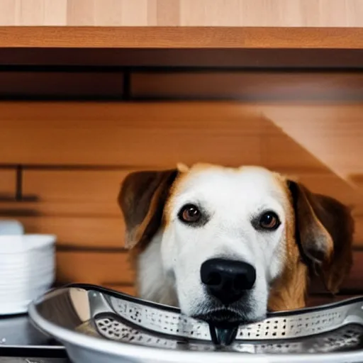 Prompt: a very sharp photo of a dog looking bored while doing the dishes