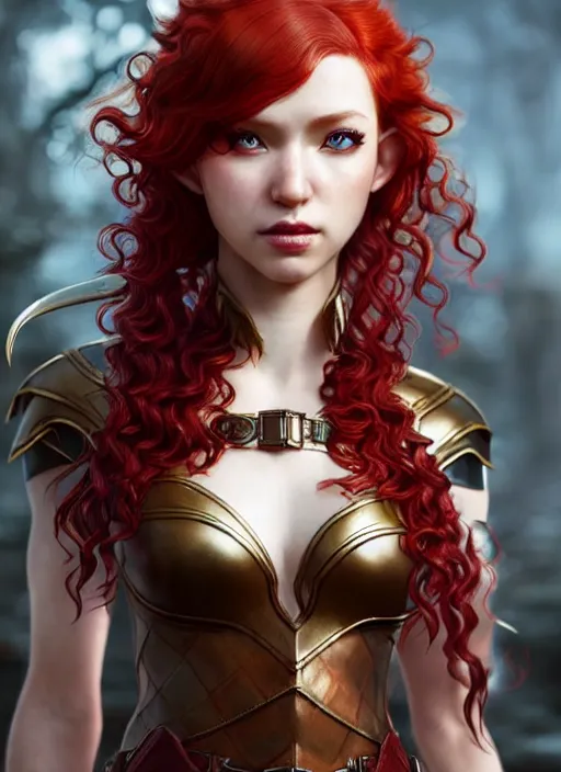 Image similar to leather armor!!! beautiful and elegant curly red hair female elf!! gorgeous ayes!! character concept art, sharp focus, octane render! unreal engine 5! highly rendered!! trending on artstation!! detailed linework!! illustration by artgerm, wlop, and chie yoshii