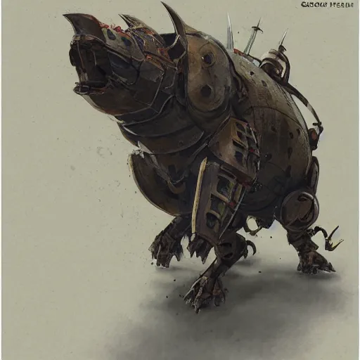 Image similar to an ashigaru mecha boar by brian froud and greg rutkowski