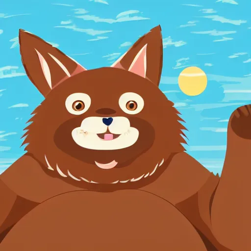 Image similar to an adorable fierce furry monster with long floppy rabbit ears chubby bear body and wolf legs, Smiling at the camera with a mischievous grin, happy lighting, at a tropical beach