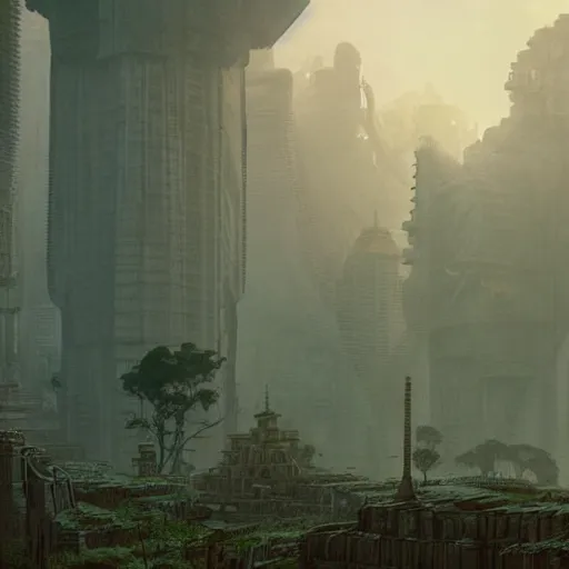 Image similar to mayan cyberpunk city in the center of redwood forest, viewed from a distance, shadow of the colossus screenshot by j. c. leyendecker, simon stalenhag, studio ghibli, and beksinski