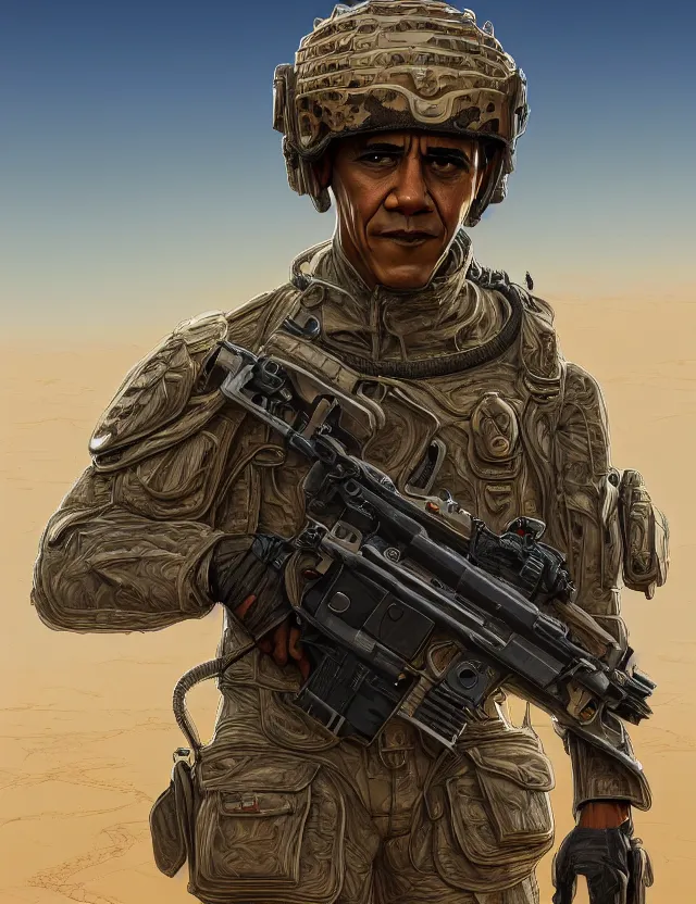 Prompt: a portrait of barack obama wearing tactical combat desert camouflage gear, by moebius and tyler edlin and hr giger, trending on artstation, digital art, 4 k resolution, detailed, high quality, sharp focus, hq artwork, coherent, insane detail, concept art