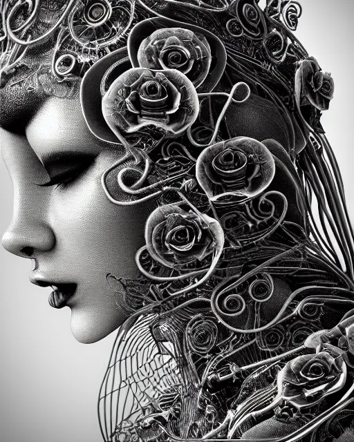 Image similar to mythical dreamy black and white organic bio-mechanical spinal ribbed profile face portrait detail of translucent steampunk beautiful siamese sisters females angelic-human-queen-vegetal-cyborg, highly detailed, intricate trnaslucent ivy jelly ornate, poetic, translucent roses ornate, 3D render, digital art, octane render, 8K artistic photography, photo-realistic, by Dora Maar