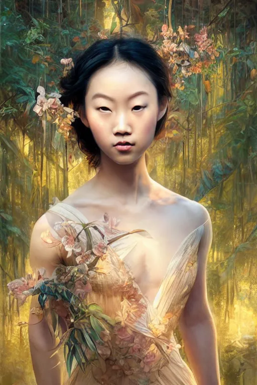 Image similar to stunningly beautiful, asian prima ballerina in jungle, symmetrical face, golden hour, smooth, focus, highly detailed, hyper realistic, dramatic lighting, elegant, intricate, concept art, art by wlop, mars ravelo, greg rutowski