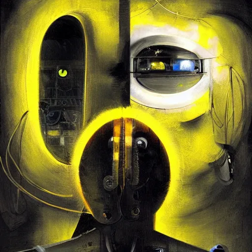 Image similar to a fullmetal wired neon robot kerberos in yellow noir without memory nor feelings, althoughbhe believes he is a god, oil on canvas by dave mckean and esao andrews