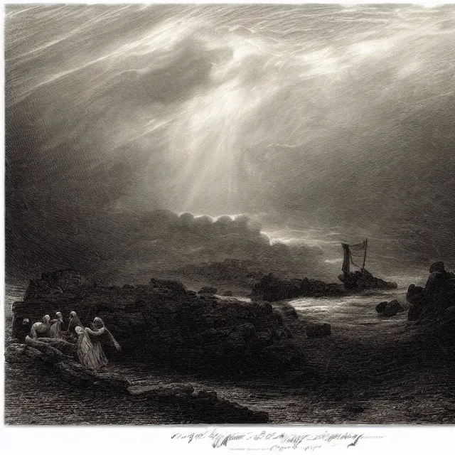 Image similar to an engraving of jesus in a river by gustave dore, caspar david friedrich, foggy, depth, strong shadows, stormclouds, illuminated focal point, highly detailed