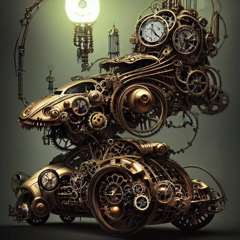 Image similar to biomechanical steampunk vehicle reminiscent of fast sportscar with robotic parts and (glowing) lights parked in ancient lush palace, gothic and baroque, brutalist architecture, ultradetailed, creepy ambiance, fog, artgerm, giger, Intricate by Ellen Jewett and Josan Gonzalez and Giuseppe Arcimboldo