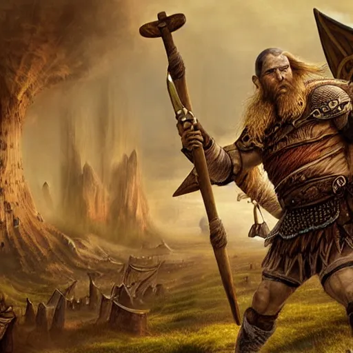 Image similar to viking fighting against a giant fantasy art, matte painting