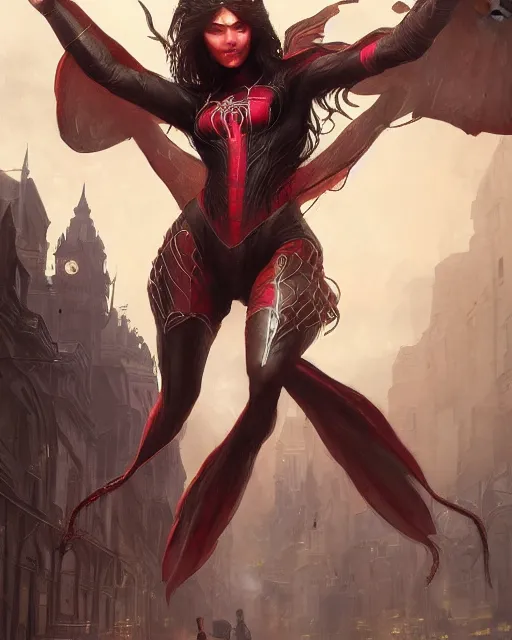 Prompt: a beautiful spiderwoman wearing a magical armor posing in a magical road town, hyper realistic face, fantasy art, in the style of greg rutkowski, illustration, epic, fantasy, intricate, hyper detailed, artstation, concept art, smooth, sharp focus