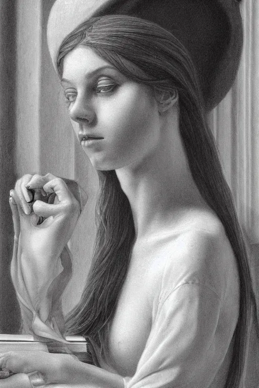 Prompt: hyperrealism portrait of beautiful young medieval biomechanic female melting in church, beautiful cheekbones , pale skin, in style of classicism