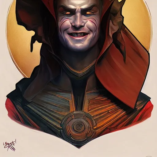 Image similar to character concept, portrait, symmetrical head - on centralized, laughing young man with dark cape. detailed, high quality, dynamic lightning, fantasy, scenematic. artwork by artgerm, wlop, alex ross, greg rutknowski, alphonse mucha