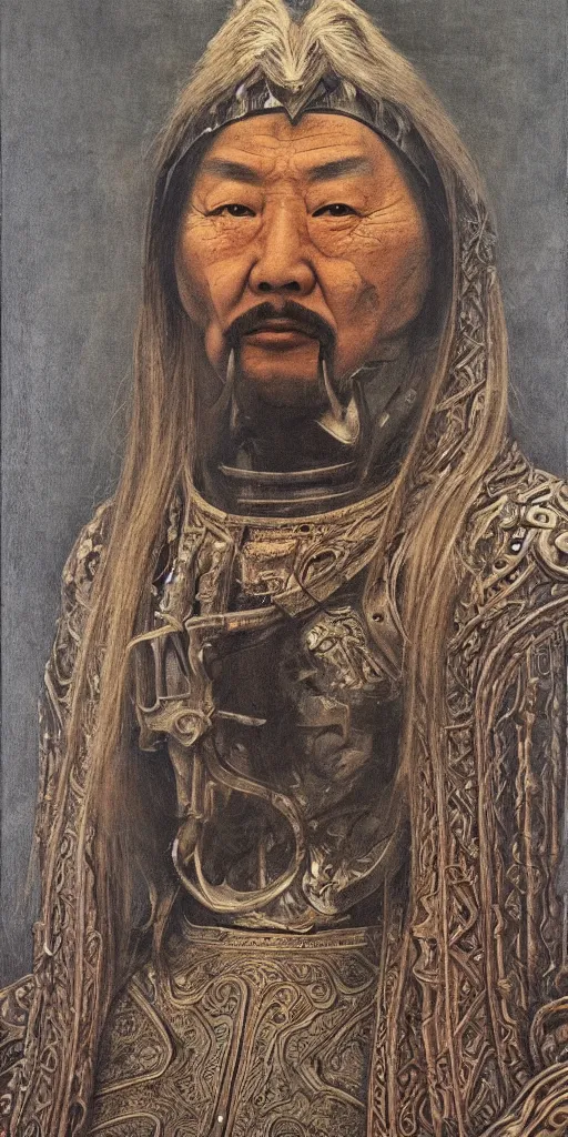 Image similar to a stunning and noble highly detailed portrait of genghis khan by h. r. giger, trending on artstation, oil painting masterpiece, symmetry, mysterious, very very very aesthetic