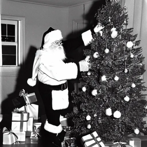 Image similar to santa getting caught in the act of delivering presents under a Christmas tree in a living room, 1985, flash photography