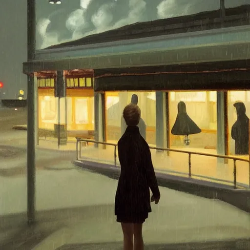 Prompt: Elle Fanning stalking her prey at night on the beach in the world of Edward Hopper, stormy snowy weather, streetlights, extremely detailed masterpiece, oil on canvas, low-key neon lighting, artstation, Blade Runner 2049, Roger Deakin’s cinematography, by J. C. Leyendecker and Peter Paul Rubens,