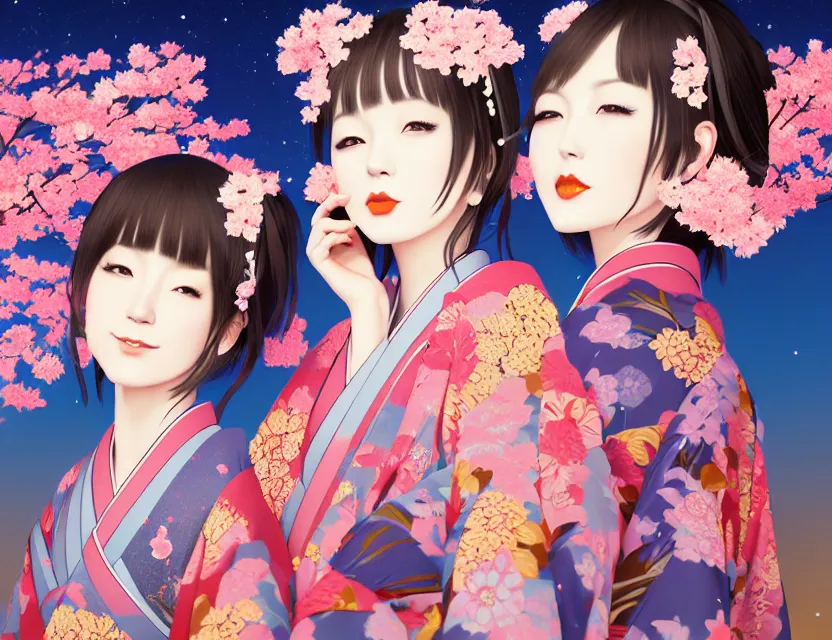 Image similar to two beautiful charming japan girls wear arty kimono in festival | | sunny night, full moon, dreamlike art, realistic shaded, smile, good looking, hyper details, 4 k realistic, cryengine, realistic shaded lighting poster by ilya kuvshinov, fuji choko, ross tran, 8 k resolution, trending on artstation, luxury