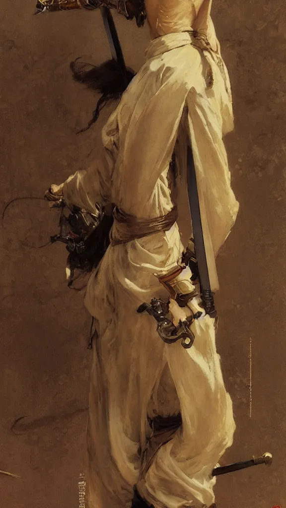 Image similar to modern elegant tanned female samurai ninja, with large sword, open exposed back, wide leg hakama trousers, by gaston bussiere, mucha, gerome, craig mullins, greg rutkowski, john singer sargent