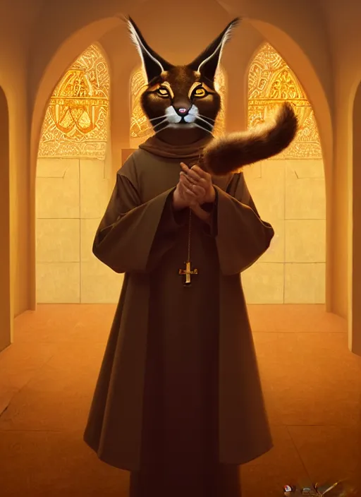 Prompt: cute fluffy anthropomorphic caracal as orthodox priest in golden clothes, caracal head, wearing vr, in orthodox church at background, dynamic lighting, darkness, atmospheric, surrealistic, ambients, dramatic, blurry bokeh cinematic, depth of field, art by bussiere rutkowski andreas rocha