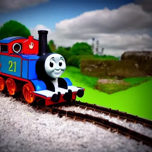 Image similar to thomas the tank engine in a graveyard gothic makeup majestic scenery high detail glow mist