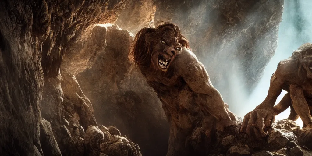 Image similar to a giant cave troll in the style of lord of the rings, 8 k, moody lighting, shallow depth of field,