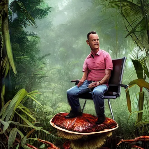 Image similar to Tom Hanks as forrest gump sitting on a giant shrimp in the jungle, realistic digital painting, in the style of Aleksi Briclot, photoreailstic, realistic face, amazing detail, sharp