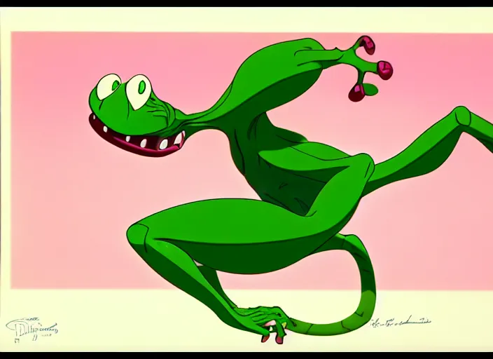 Prompt: a shaded animation cel of a sweet frog, realistic anatomy, in the style of don bluth, disney, dreamworks animation, filmation, toei animation, studio trigger, bruce timm, jack kirby, studio ghibli, 5 k, artstation trending