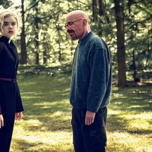 Prompt: kiernan shipka as sabrina spellman with walter white, still from chilling adventures of sabrina