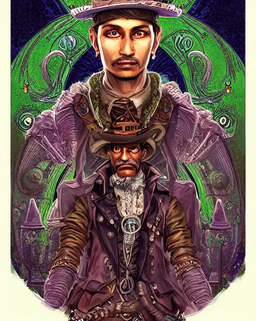 Image similar to a detailed portrait illustration of a steampunk wizard. stern indian male face, dark skin, piercing green eyes. art nouveau, pop art, comic book style. influenced by neil gaiman, h. p. lovecraft, dan mumford, brian froud, vadim voitekhovitch, killian eng, ross tran, cedric peyravernay.