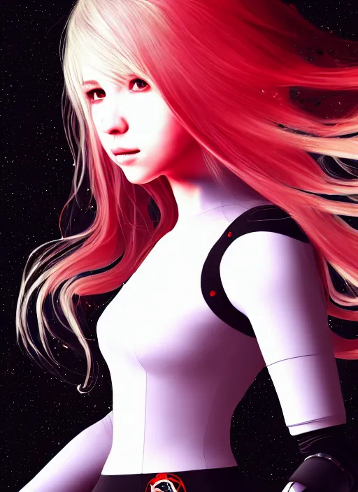 Prompt: highly detailed portrait of a hopeful pretty astronaut lady with a wavy blonde hair, by John Whitcomb , 4k resolution, nier:automata inspired, bravely default inspired, vibrant but dreary but upflifting red, black and white color scheme!!! ((Space nebula background))