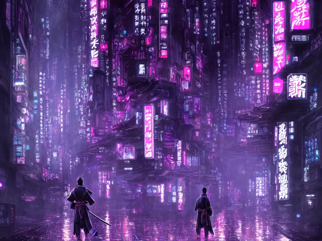 Image similar to high detailed lone samurai in a cyberpunk rainy city at night by Kentaro Miura, purple and pink and blue neons, unreal engine, high quality, 4K, UHD, trending on ArtStation, wires, blade runner vibes, ghost in the shell, akira, dorohedoro