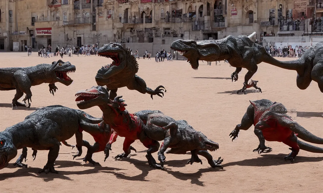 Image similar to a toreador facing off against a t - rex in the plaza de toros, madrid. extreme long shot, midday sun, kodachrome