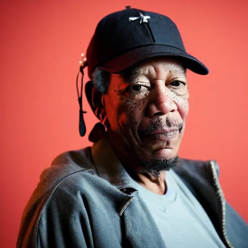 Image similar to a studio photograph of Morgan Freeman dressed as Travis Scott, 40mm lens, shallow depth of field, split lighting