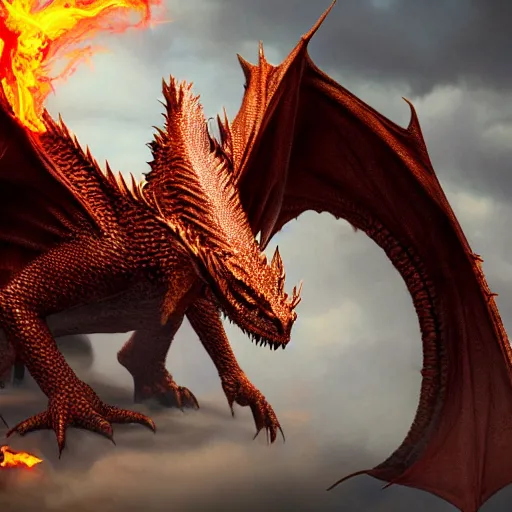 Image similar to Smaug a dragon that spews fire from it's mouth standing on it's feet spreading it's wings, epic, realitic, cinematic, 4k