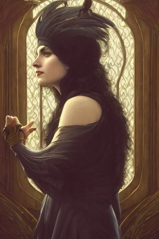 Image similar to a portrait of the Raven Queen, bored, illustration, dramatic lighting, soft details, painting oil on canvas, art nouveau, octane render, HDR, 4k, 8k, HD, by Edmund Blair Leighton, Brom, Charlie Bowater, trending on artstation, faces by Tom Bagshaw, Sargent