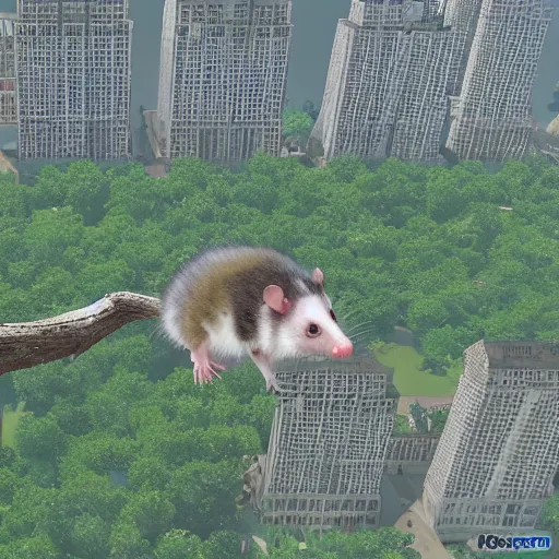 Prompt: a Virginia opossum with large wings flying over Central Park, photorealistic, unreal engine —width 1024