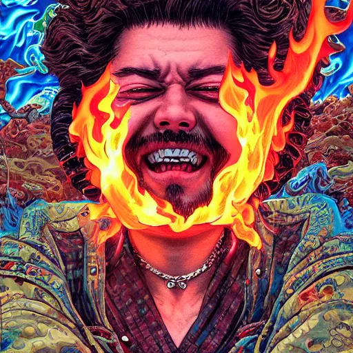 Image similar to portrait of crazy post malone with fire, symmetrical, by yoichi hatakenaka, masamune shirow, josan gonzales and dan mumford, ayami kojima, takato yamamoto, barclay shaw, karol bak, yukito kishiro