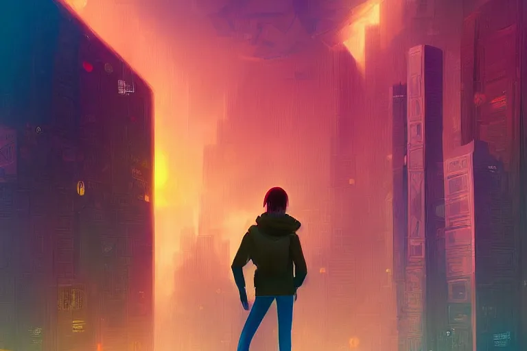 Image similar to a digital art of a selfie of max caulfield standing in a metropolis, youth, light effect, highly detailed, by anton fadeev, by jim burns, a realism masterpiece