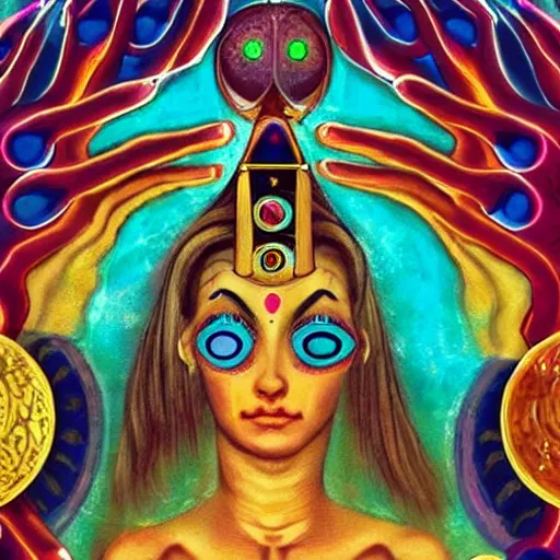 Image similar to three eyed goddess, third eye in middle of forehead, wide shot, hairy bodies, feet in water, beautiful colors, eye in forehead, pins, beautiful lighting, very detailed, eyes reflecting into eyes reflecting into infinity